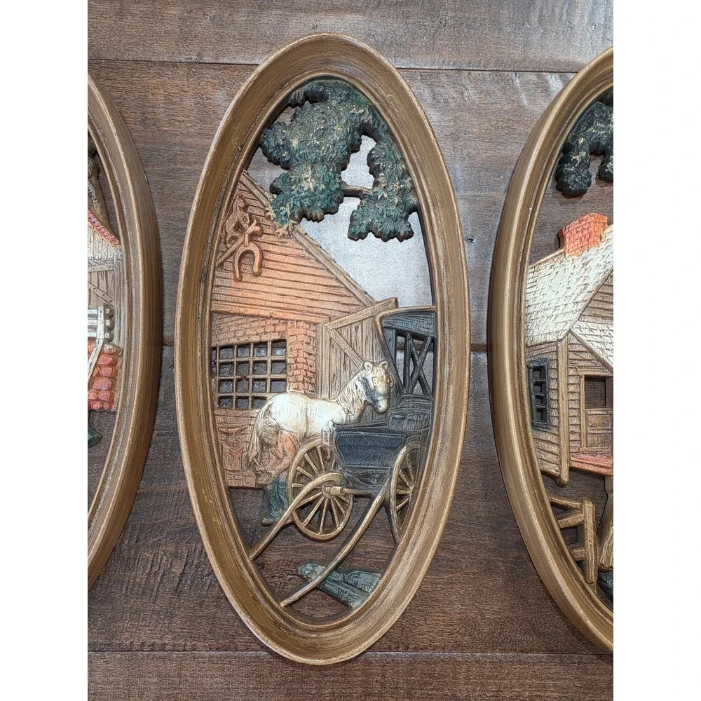 VTG 60s 3D Rustic Farmhouse Cottage Country Wall Art Plaques Set of 3 Oval Decor